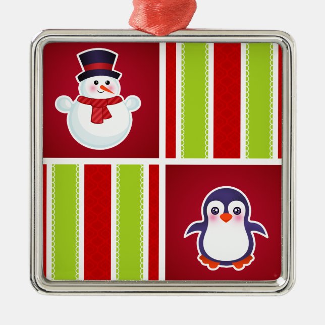 Cute Christmas Pattern With Snowmen And Penguins Metal Tree Decoration (Front)