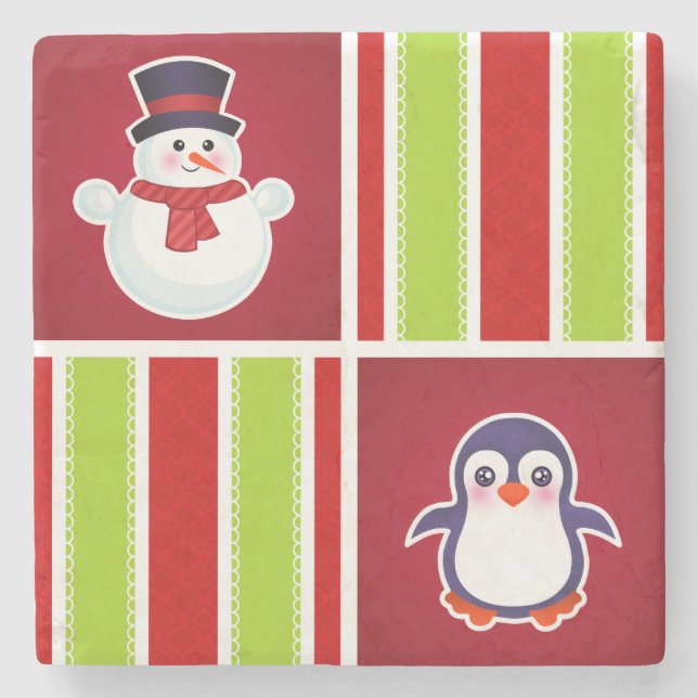 Cute Christmas Pattern With Snowmen And Penguins Stone Coaster (Front)