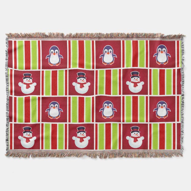 Cute Christmas Pattern With Snowmen And Penguins Throw Blanket (Front)