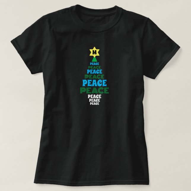 Cute Christmas Peace Tree Custom Initial Black T-Shirt (Design Front)