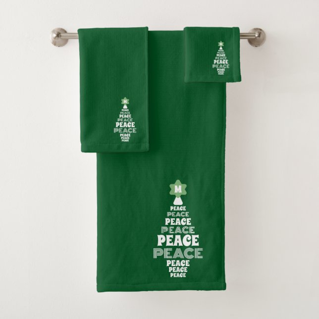 Cute Christmas Peace Tree Custom Initial Greem Bath Towel Set (Insitu)