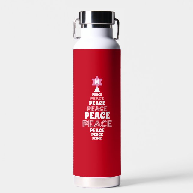 Cute Christmas Peace Tree Custom Initial Red Water Bottle (Front)