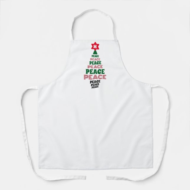 Cute Christmas Peace Tree Custom Initial White Apron (Front)