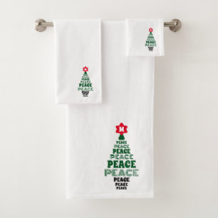 Cute Christmas Peace Tree Custom Initial White Bath Towel Set