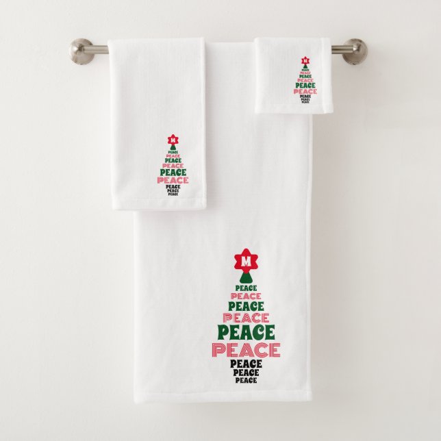 Cute Christmas Peace Tree Custom Initial White Bath Towel Set (Insitu)