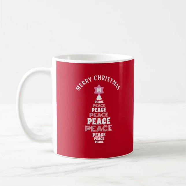 Cute Christmas Peace Tree Initial in Star Red Coffee Mug (Left)