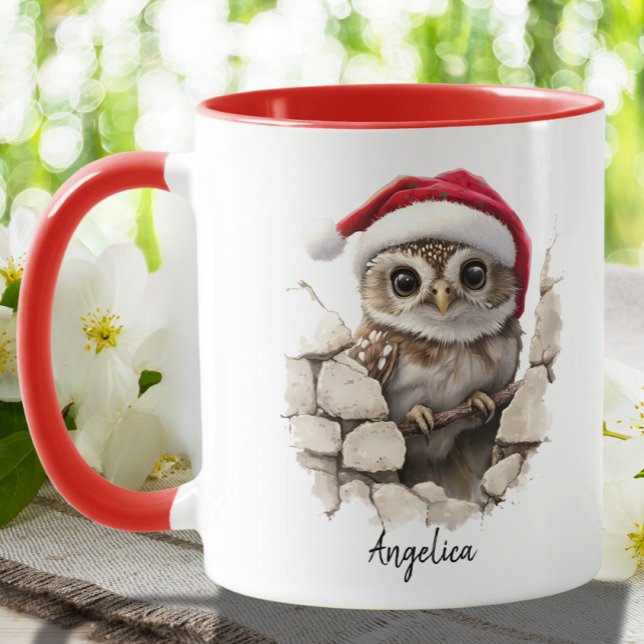 Cute Christmas Peeking Owl with Santa Hat Custom Mug (Creator Uploaded)