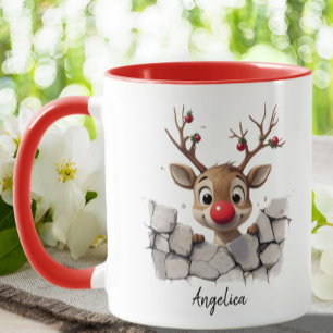 Cute Christmas Peeking Reindeer Red Nose Custom Mug