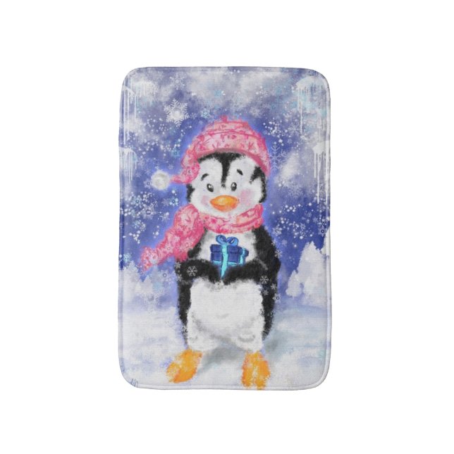 Cute Christmas Penguin Bath Mat (Front Vertical)