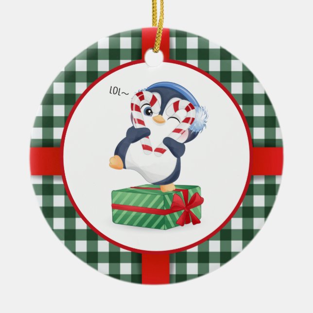 Cute Christmas Penguin Ceramic Tree Decoration (Front)