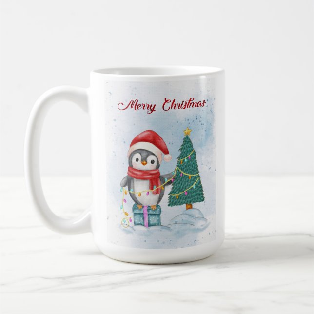 Cute Christmas Penguin Decorating Tree with Lights Coffee Mug (Left)
