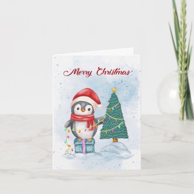 Cute Christmas Penguin Decorating Tree with Lights Holiday Card (Front)