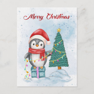 Cute Christmas Penguin Decorating Tree with Lights Holiday Postcard