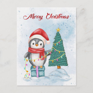 Cute Christmas Penguin Decorating Tree with Lights Holiday Postcard