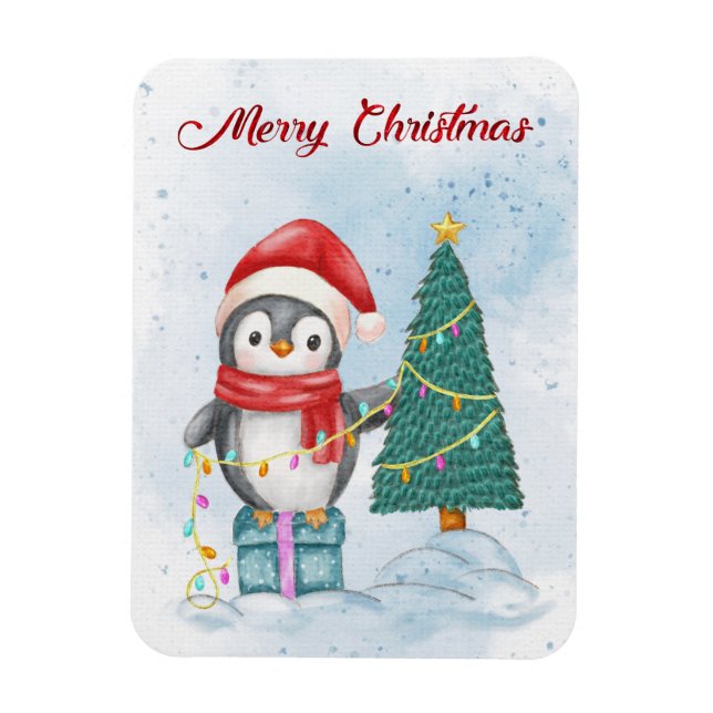 Cute Christmas Penguin Decorating Tree with Lights Magnet (Vertical)