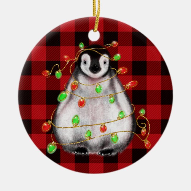 Cute Christmas penguin drawing red black plaid  Ceramic Tree Decoration (Front)