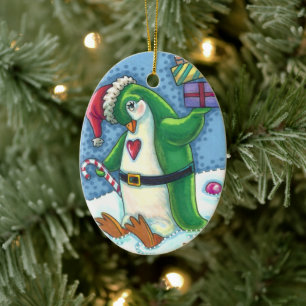 CUTE CHRISTMAS PENGUIN DRESSED IN GREEN, HOLIDAY CERAMIC TREE DECORATION