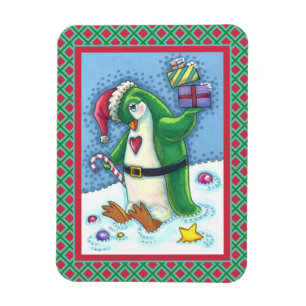 CUTE CHRISTMAS PENGUIN DRESSED IN GREEN, HOLIDAY MAGNET
