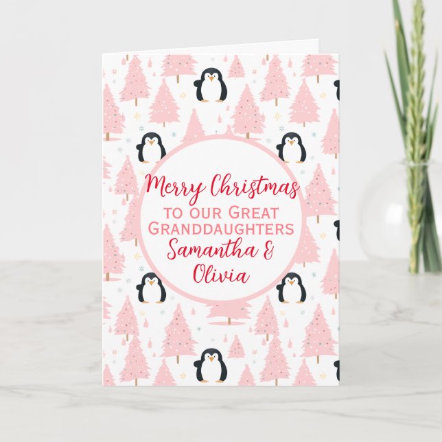 Cute Christmas Penguin Great Granddaughter Pink Holiday Card (Front)