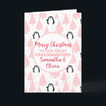 Cute Christmas Penguin Great Granddaughter Pink Holiday Card<br><div class="desc">A beautiful Merry Christmas Great granddaughter card,  comprising of Cartoon Penguins and pink xmas fir trees.  A lovely festive holiday season card to give to your great granddaughter(s),  granddaughter,  daughter,  great niece,  twins,  girlfriend wife or anyone else. All text can be customise and personalised as needed.</div>