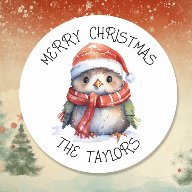 Cute Christmas Penguin Holiday Classic Round Sticker (Creator Uploaded)