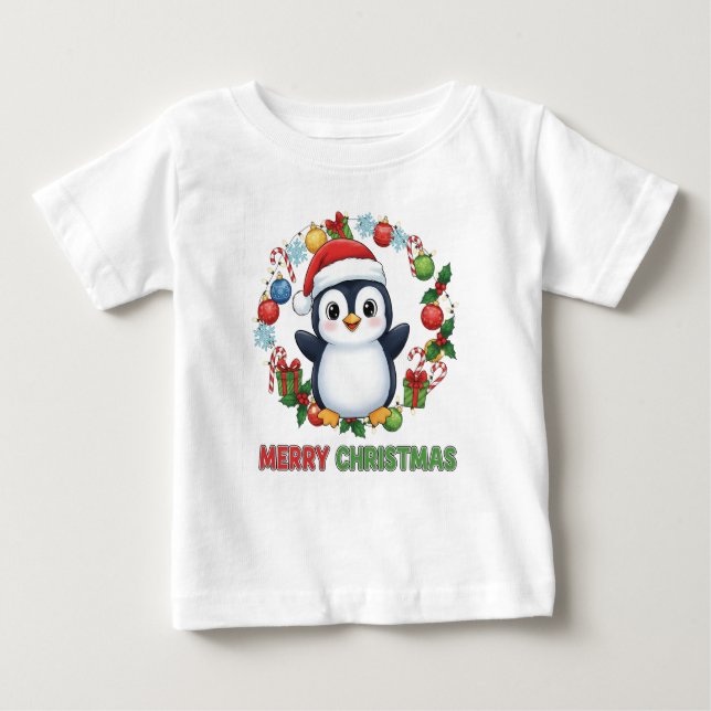 Cute Christmas Penguin Illustration Baby T-Shirt (Front)