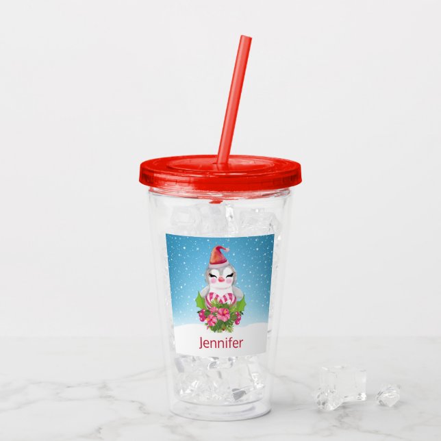 Cute Christmas Penguin in Santa Hat Acrylic Tumbler (Back Ice)