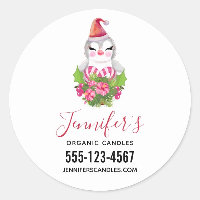 Cute Christmas Penguin in Santa Hat Business Classic Round Sticker (Front)