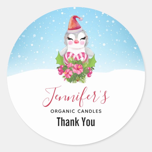 Cute Christmas Penguin in Santa Hat Business Classic Round Sticker (Front)