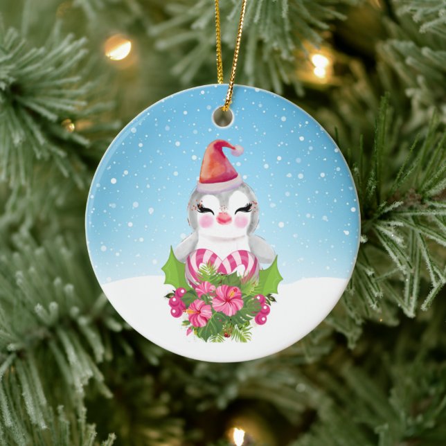 Cute Christmas Penguin in Santa Hat Ceramic Tree Decoration (Tree)