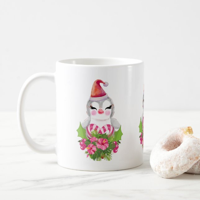 Cute Christmas Penguin in Santa Hat Coffee Mug (With Donut)