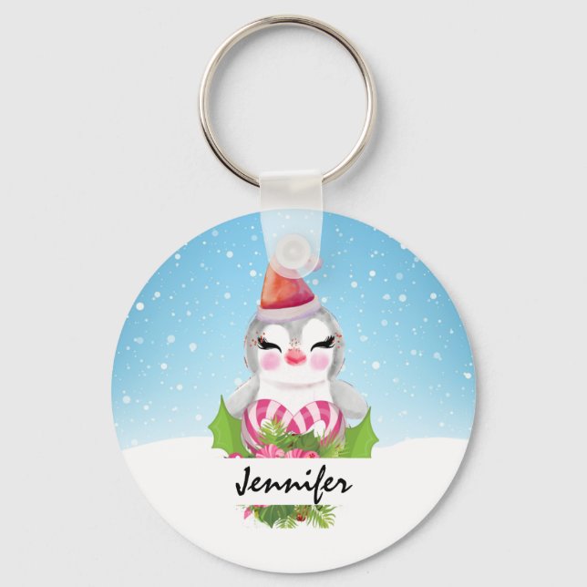 Cute Christmas Penguin in Santa Hat Key Ring (Front)
