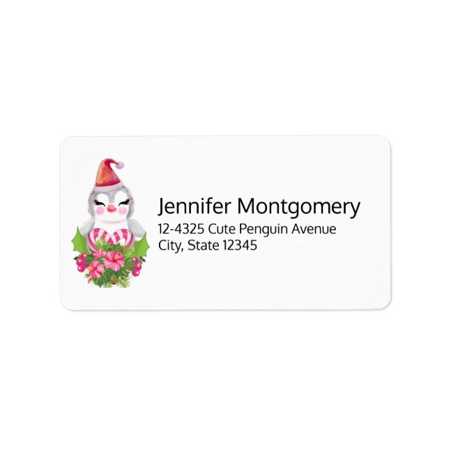 Cute Christmas Penguin in Santa Hat Label (Front)