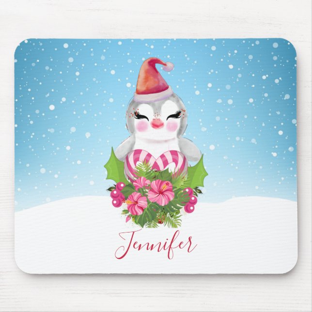 Cute Christmas Penguin in Santa Hat Mouse Pad (Front)