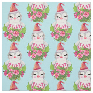 Cute Christmas Penguin in Santa Hat Pattern Fabric