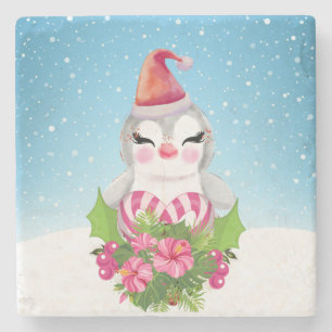 Cute Christmas Penguin in Santa Hat Stone Coaster