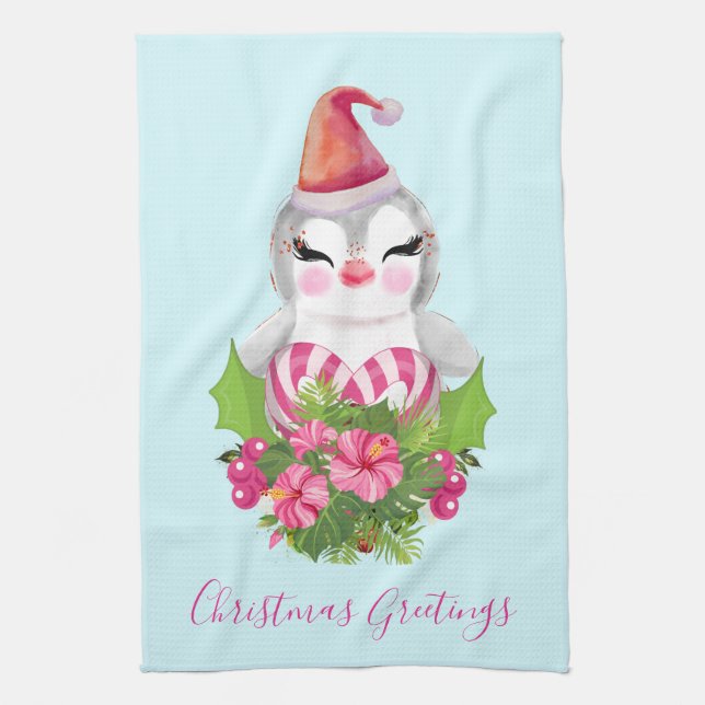 Cute Christmas Penguin in Santa Hat Tea Towel (Vertical)