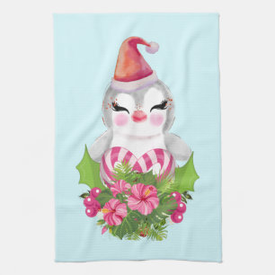 Cute Christmas Penguin in Santa Hat Tea Towel