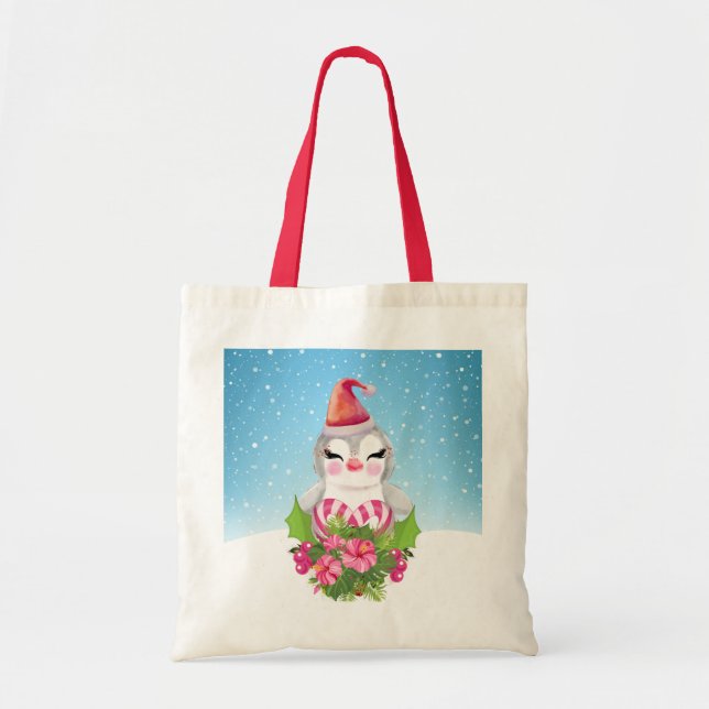 Cute Christmas Penguin in Santa Hat Tote Bag (Front)