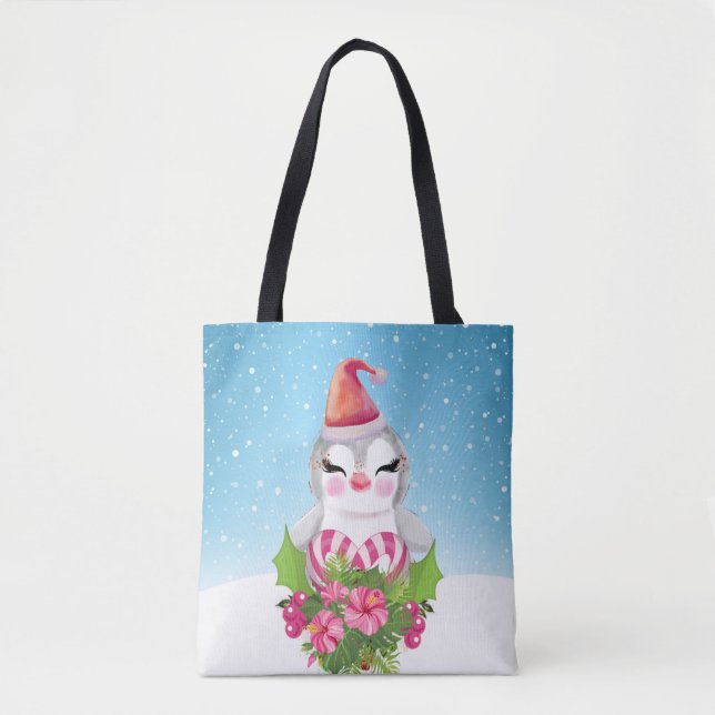Cute Christmas Penguin in Santa Hat Tote Bag (Front)