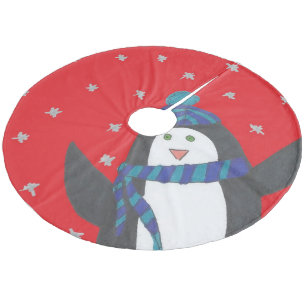 Cute Christmas Penguin on Red  Fleece Tree Skirt