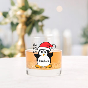 Cute Christmas Penguin Personalise Whiskey Glass