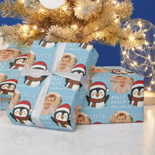 Cute Christmas Penguin Personalised Photo Wrapping Paper