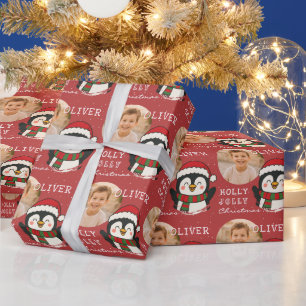 Cute Christmas Penguin Personalised Photo Wrapping Paper