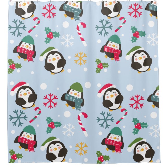 Cute Christmas Penguin Shower Curtain (Front)