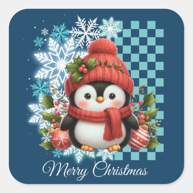 Cute Christmas Penguin Square Sticker (Front)