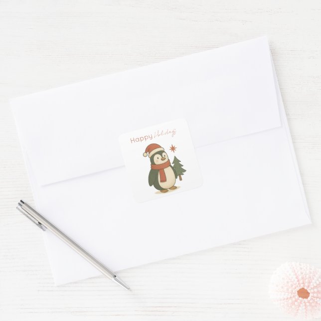 Cute Christmas Penguin Square Sticker • Vintage  (Envelope)