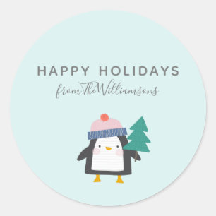 Cute Christmas Penguin Teal Mint Personalised  Classic Round Sticker