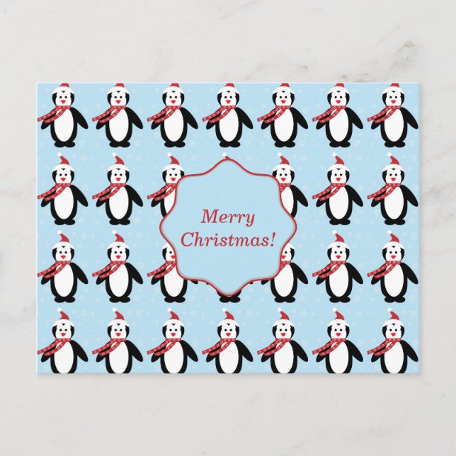 Cute Christmas Penguin wearing Santa hat Holiday Postcard (Front)