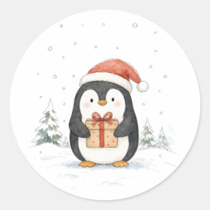 Cute Christmas Penguin with Gift and Santa Hat Classic Round Sticker